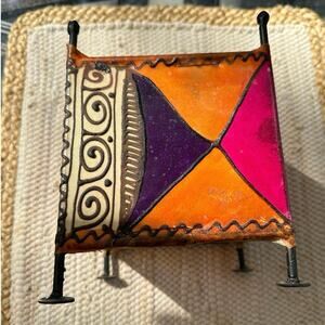 Candle holder Vintage Stretched Skin Square Painted ethnic tribal metal pink 7”